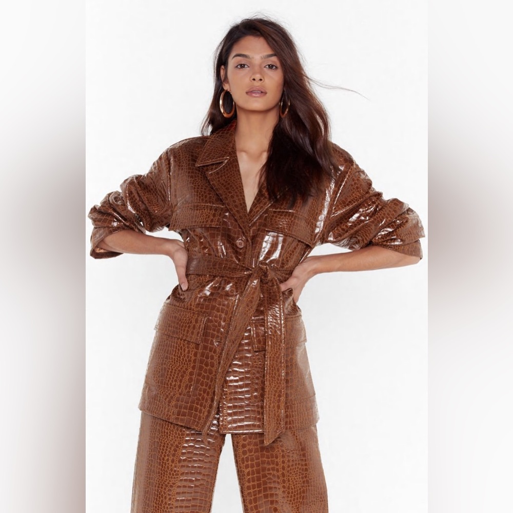 Nasty Gal Croc Faux Leather Vinyl Belted Jacket